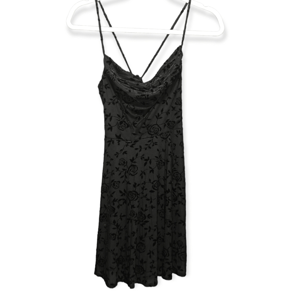 Rewind little black dress with velvet floral pattern size small